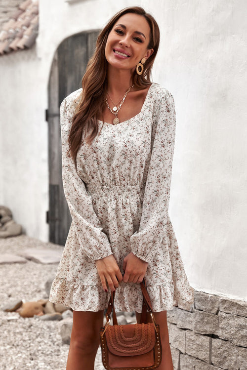 Graceful Elastic Waist Ruffled Floral Dress