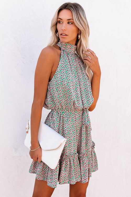 Green Halter Sleeveless Floral Mini Dress