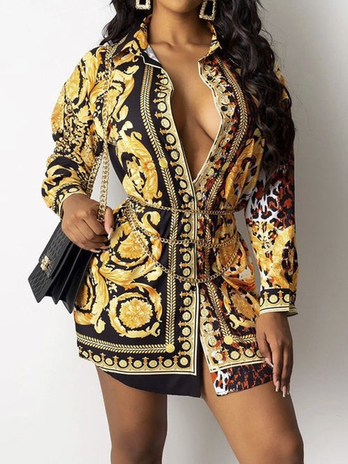 Gold Leopard Paisley Patchwork Shirt Dress