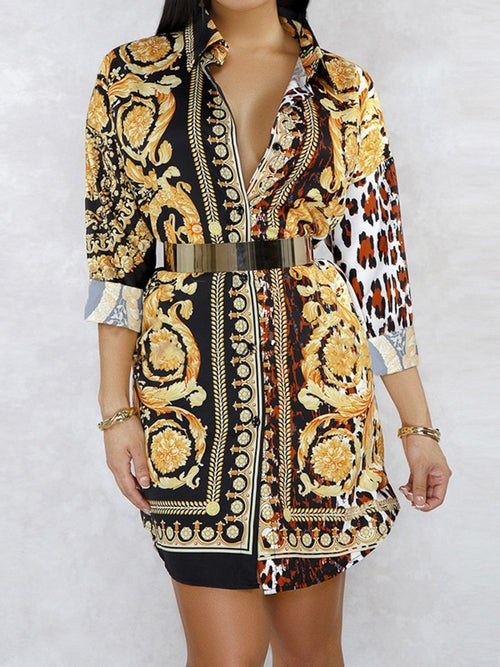 Gold Leopard Paisley Patchwork Shirt Dress