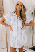 Light Blue Tie-Dye Short Sleeve Button Shirt Mini Dress