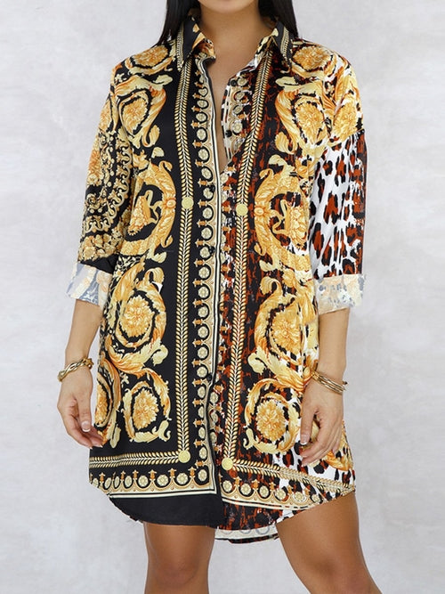 Gold Leopard Paisley Patchwork Shirt Dress