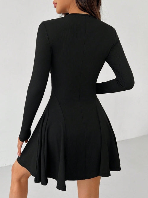Long-Sleeve A-Line Midi Dress