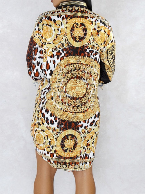Gold Leopard Paisley Patchwork Shirt Dress