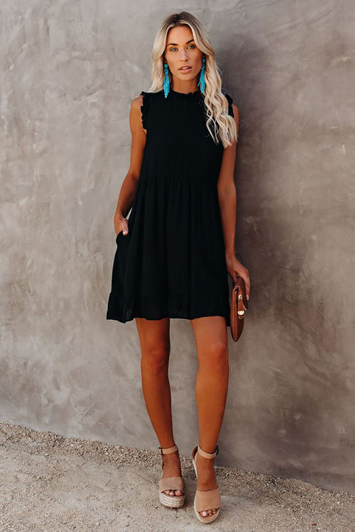 Black Pocketed Ruffle Babydoll Dress
