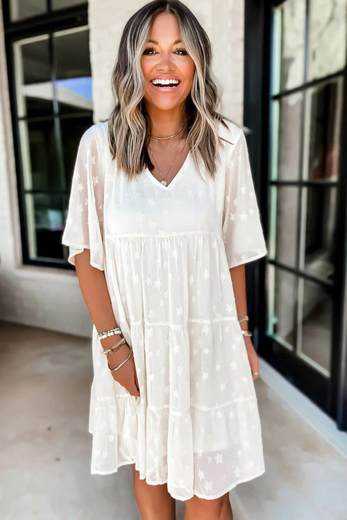White V-Neck Tiered Babydoll Lace Dress