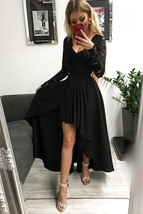 Black V-Neck Lace Backless High and Low Hem Evening Dress