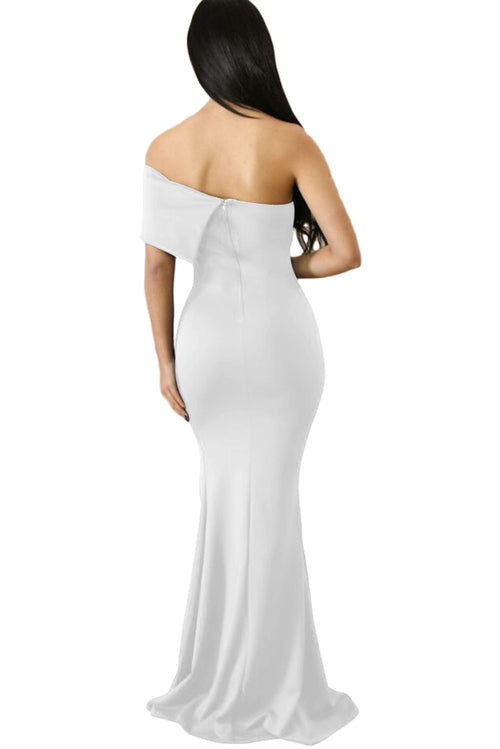 White Off-the-Shoulder One-Sleeve Slit Maxi Party Prom Dress