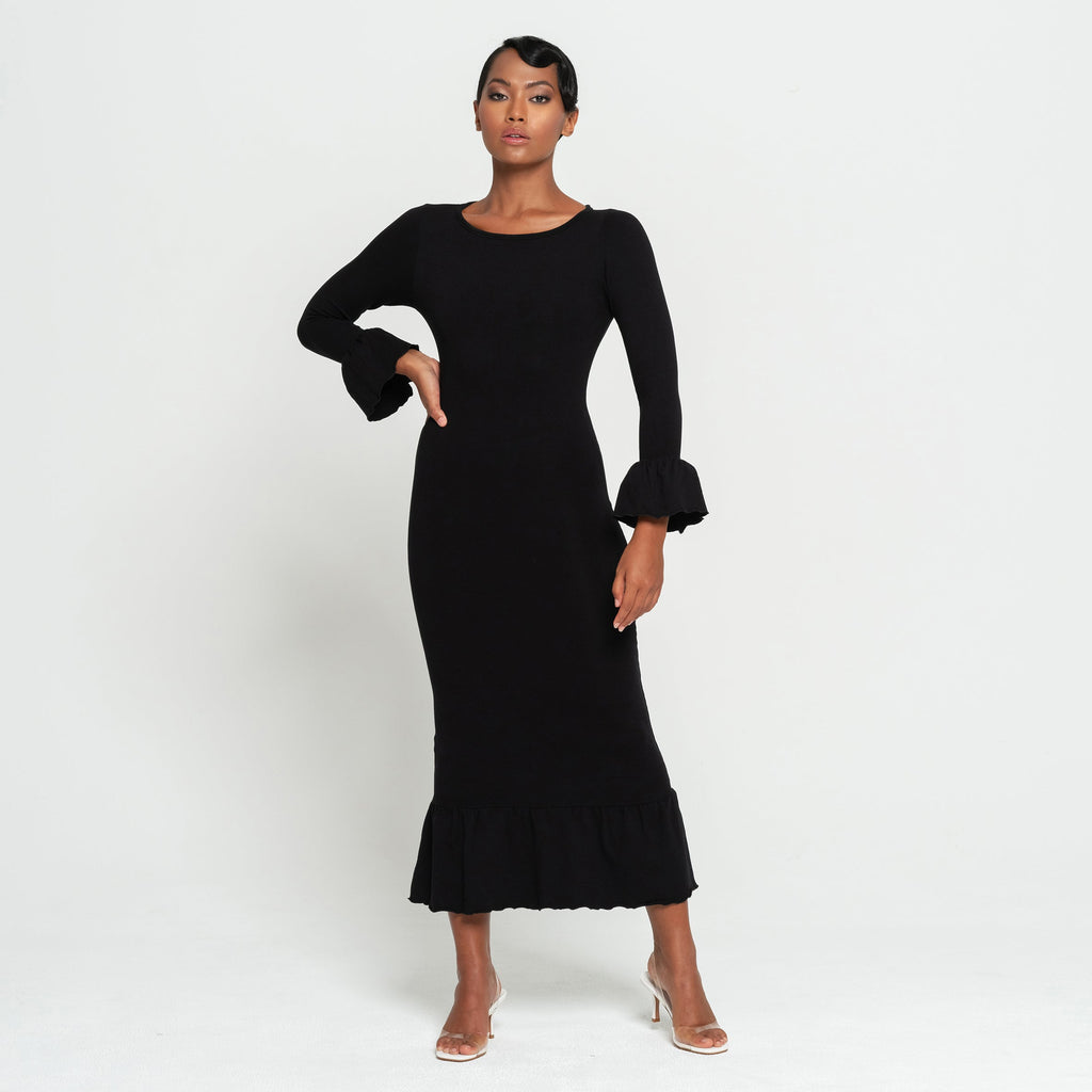 Marjorie Bamboo Ruffle Dress in Black