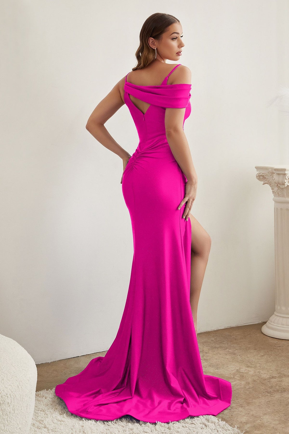 Asymmetrical-Shoulder Stretch Satin Gown