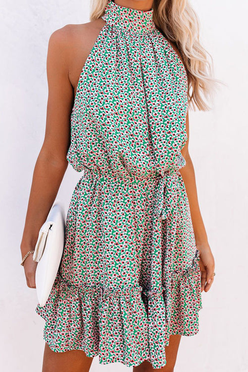 Green Halter Sleeveless Floral Mini Dress