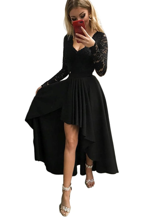Black V-Neck Lace Backless High and Low Hem Evening Dress