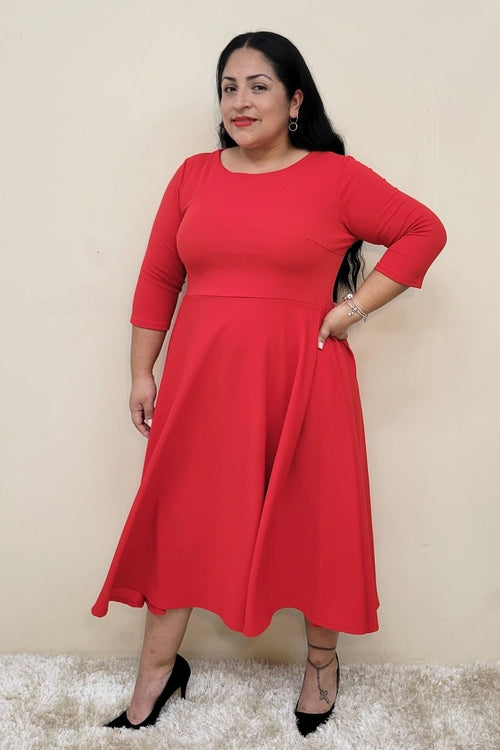 Plus Size Midi A-Line Dress with 3/4 Sleeves and Pockets