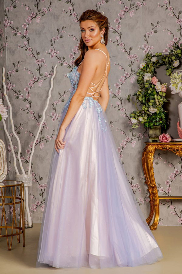 3D Butterfly Sheer Mesh A-Line Gown With Cut-Out Back