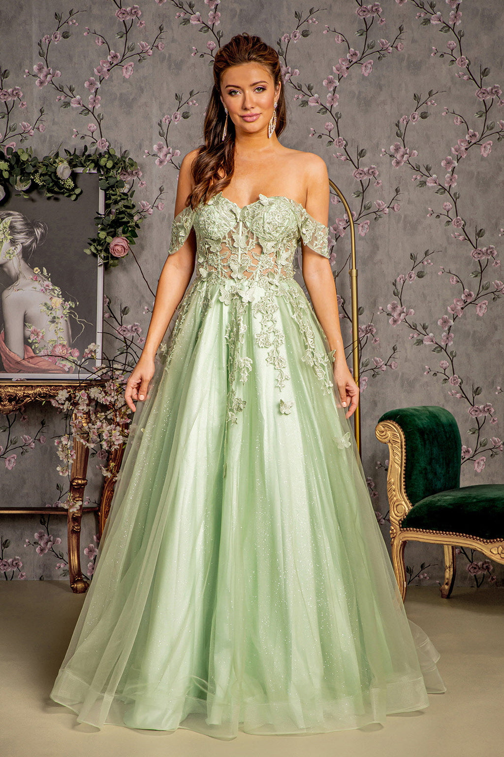 3D Butterfly Beaded Mesh A-Line Gown